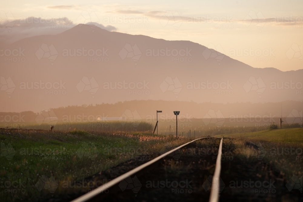 Late afternoon light on cane train tracks with mountains in background - Australian Stock Image