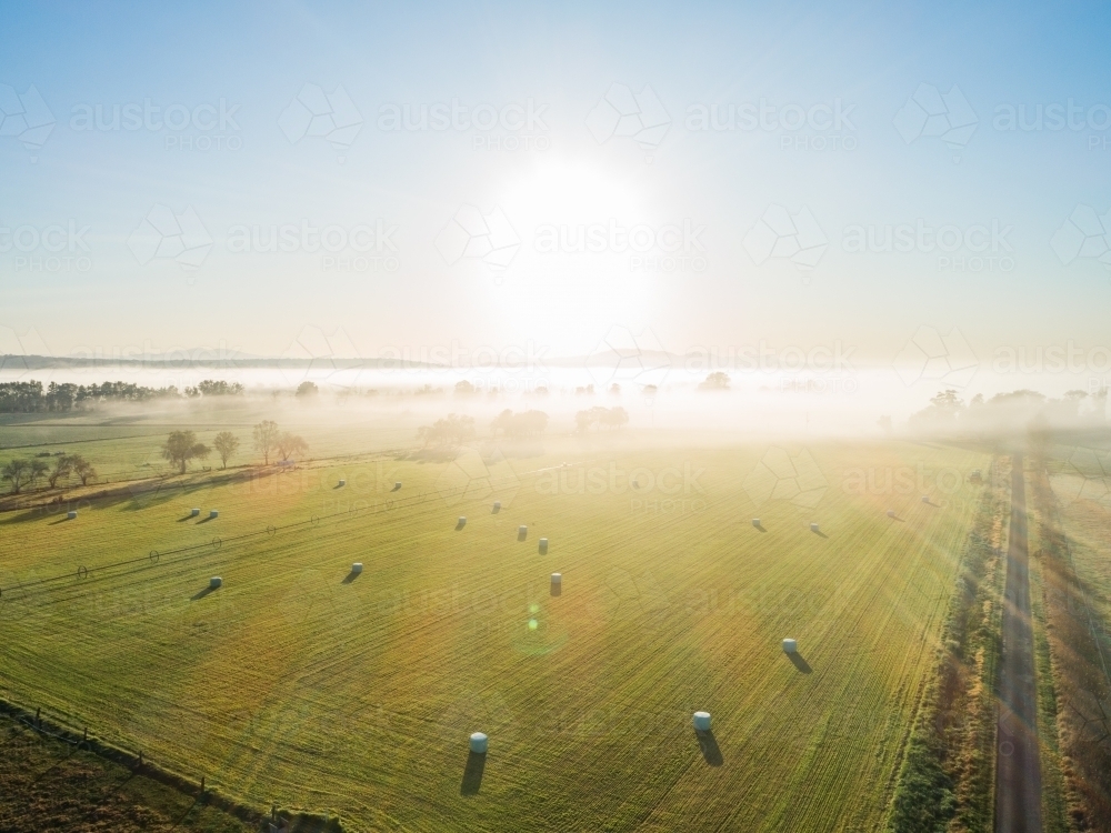 Image of Lens flare sun beams over agricultural land at sunrise ...
