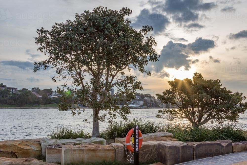 Lifebuoy at city harbour with sun setting - Australian Stock Image