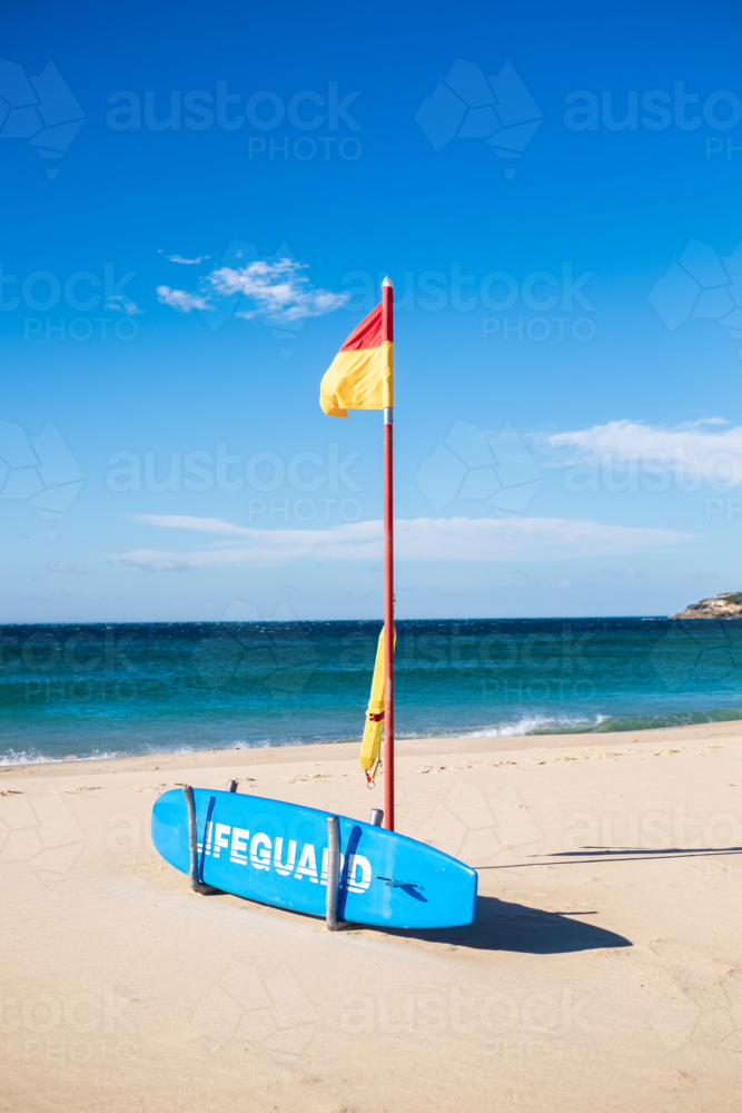 lifeguard red and yellow flags on Maroubra beach - Australian Stock Image