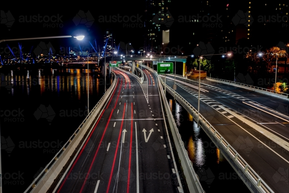 Light trails over bridge in Brisbane CBD - Australian Stock Image
