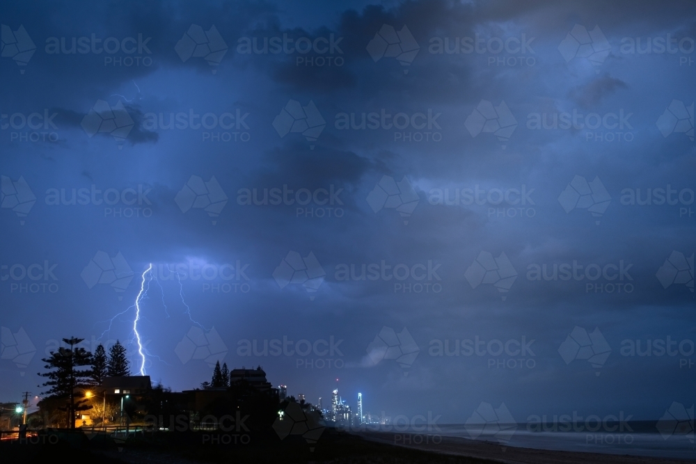 Lighting over the Gold Coast during a night storm - Australian Stock Image