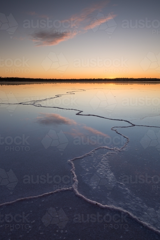 Lines on a salt lake with colourful dawn sky - Australian Stock Image