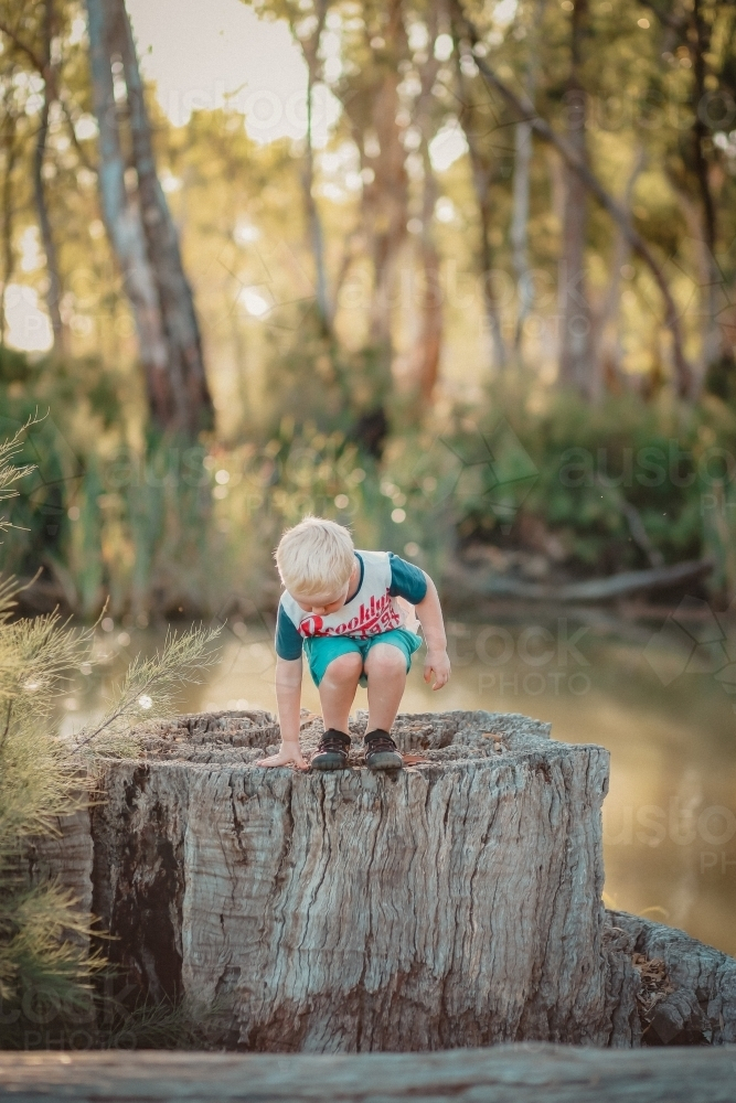 Little boy climbing on tree stump beside creek in the Australian bush - Australian Stock Image