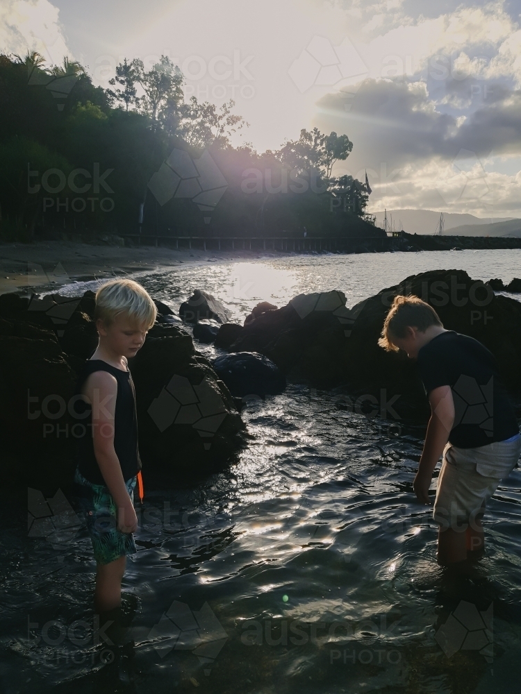 Little boys exploring in the water among rocks in afternoon light at Airlie Beach - Australian Stock Image