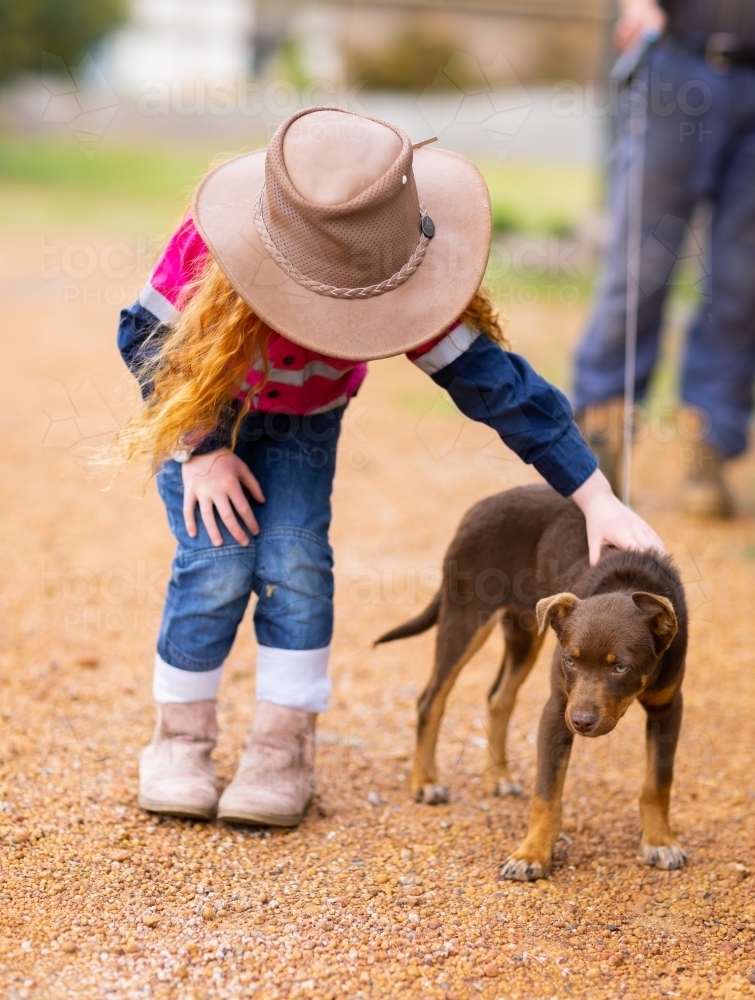 little country girl with kelpie puppy - Australian Stock Image