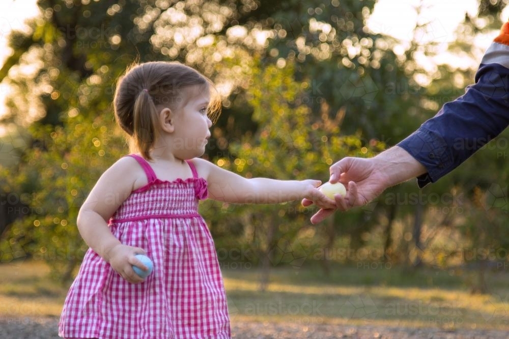 Little girl handing her father an Easter egg - Australian Stock Image