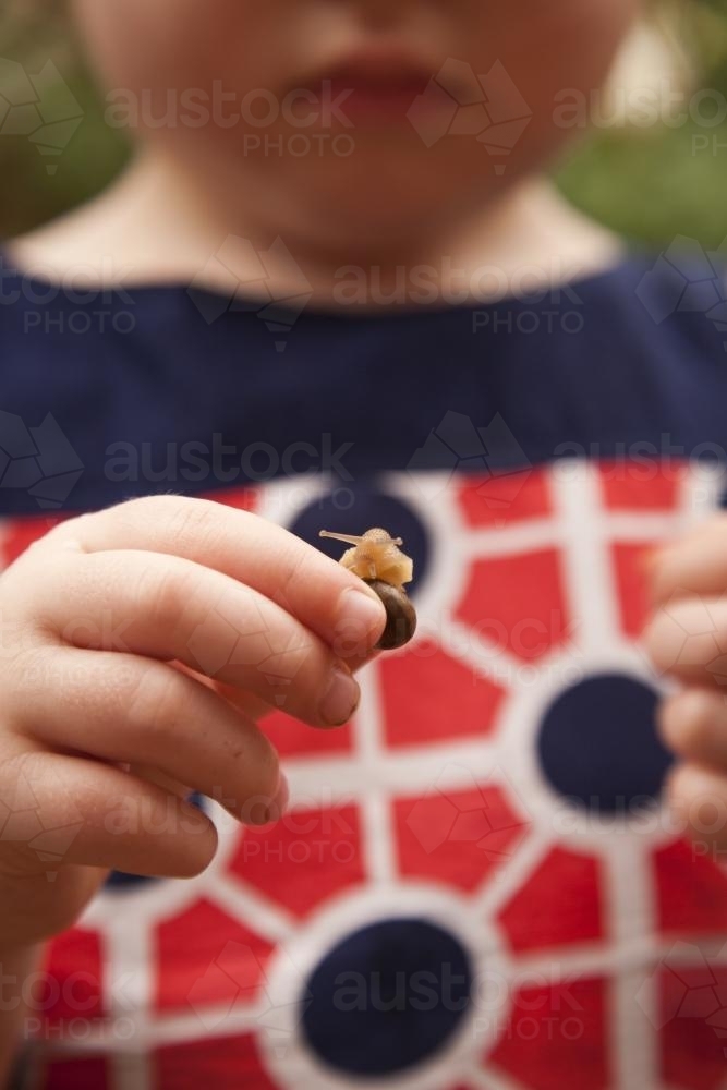 little girl holding a snail in the garden - Australian Stock Image