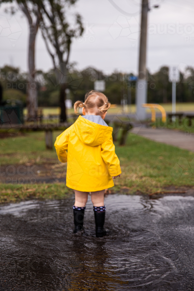 little girl in gumboots and a yellow raincoat standing in a puddle with her back to the camera - Australian Stock Image