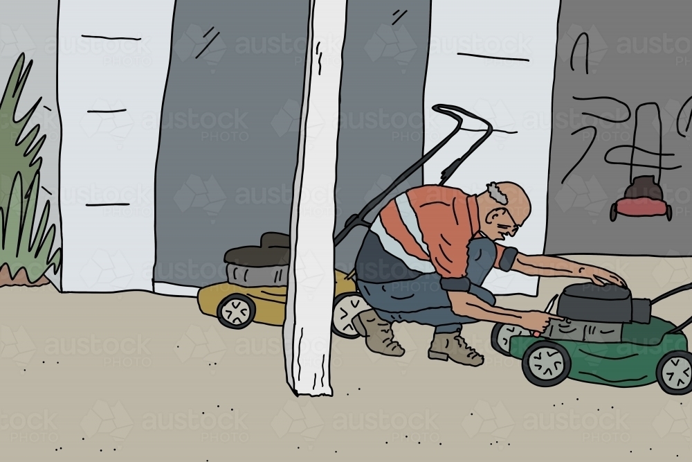 Little old man fixing lawnmowers outside workshop - Australian Stock Image