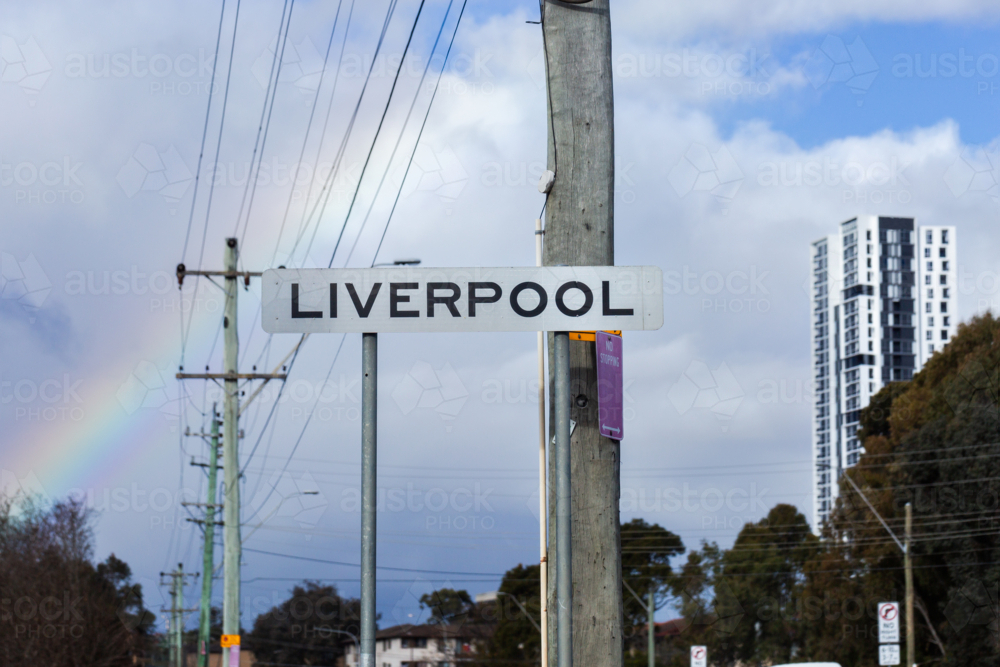 Liverpool suburb sign at intersection in Sydney - Australian Stock Image