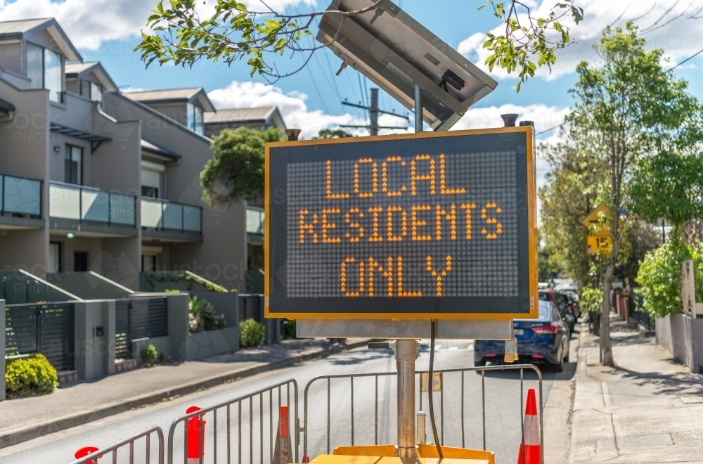 Local residents only construction sign on street - Australian Stock Image