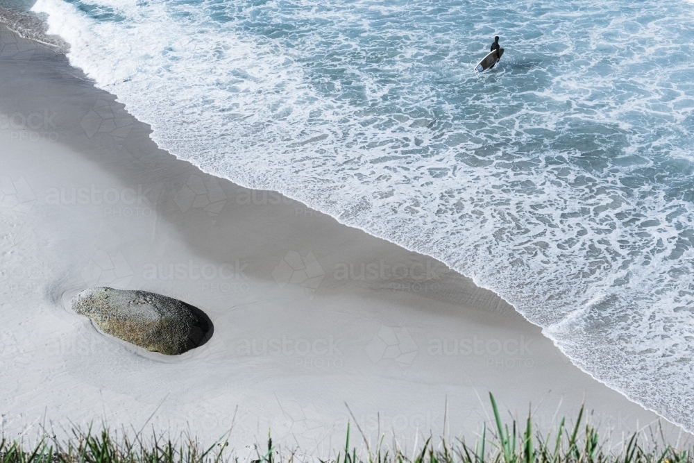 lone surfer wandering out to sea - Australian Stock Image