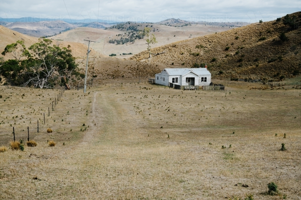 Lone White House in Paddock in Central Highlands Tasmania - Australian Stock Image