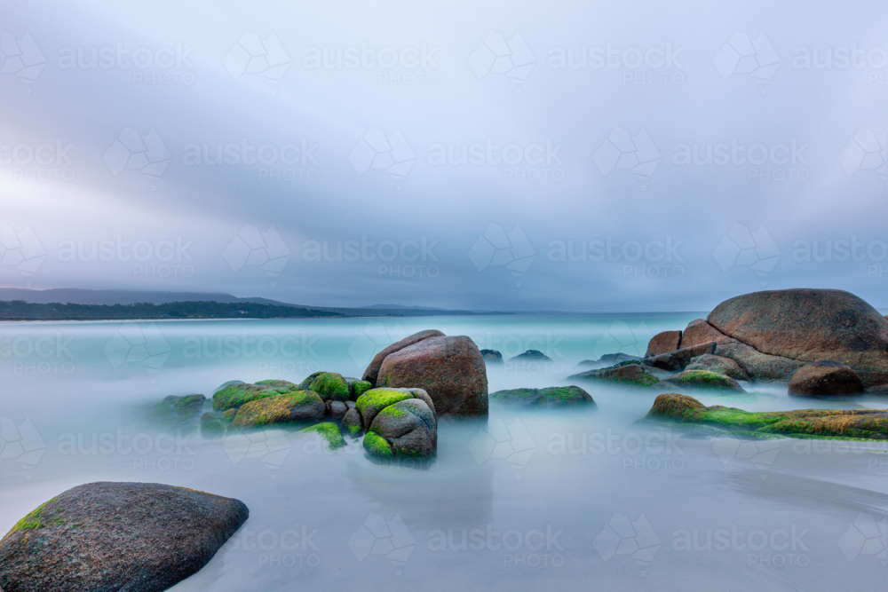 Long exposure over Bay Of Fires Beach Tasmania - Australian Stock Image
