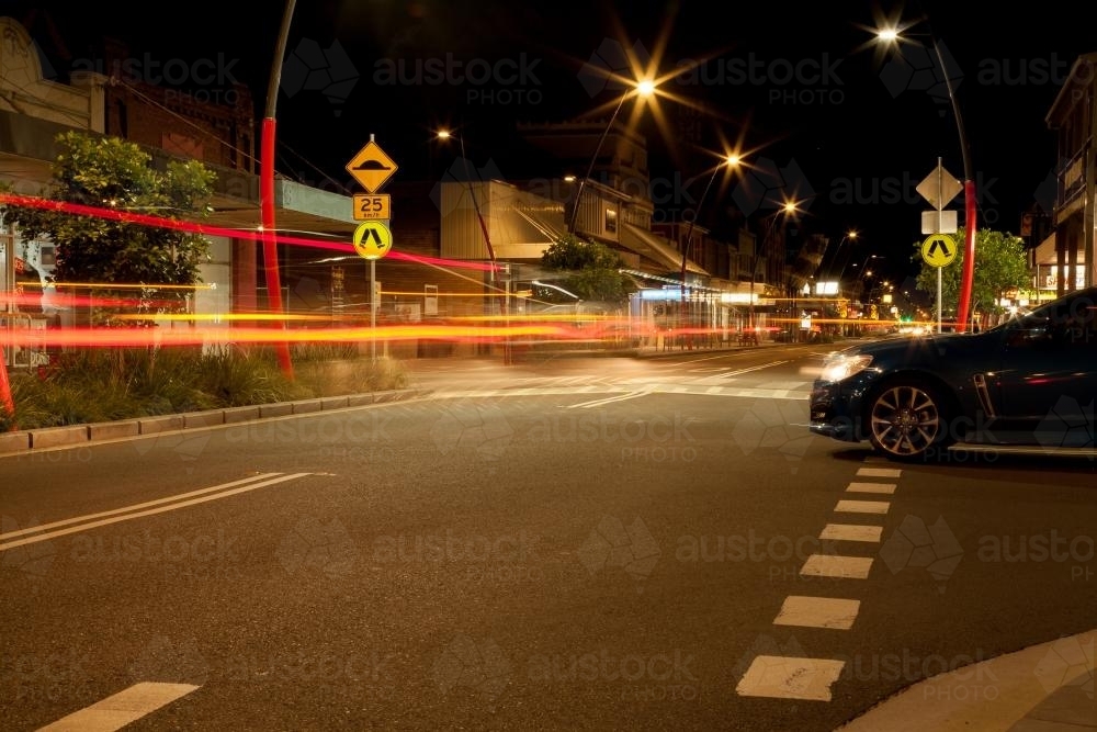 Long exposure streetscape of a small town at night - Australian Stock Image