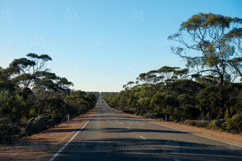 Long straight road heading East, Eyre Highway, South Australia - Australian Stock Image