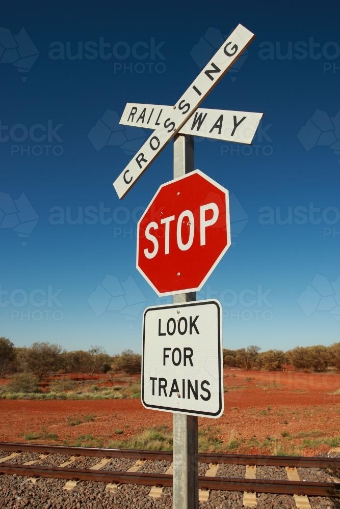 Look for trains railway crossing sign in the outback - Australian Stock Image