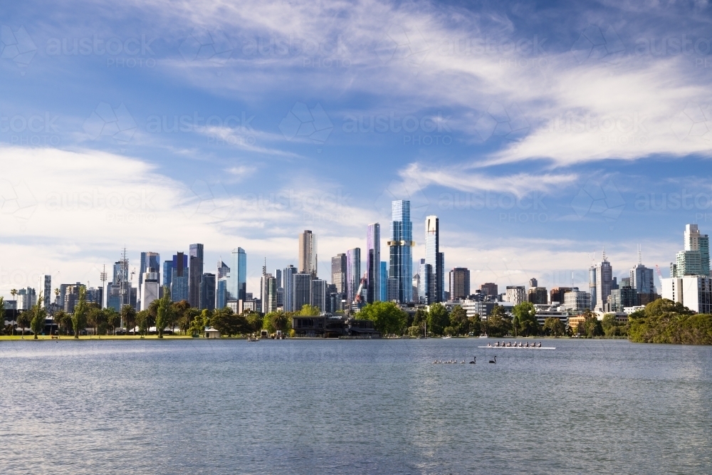 Looking across Albert Park Lake to the Melbourne CBD : Austockphoto Looking across Albert Park Lake to the Melbourne CBD - Australian Stock Image