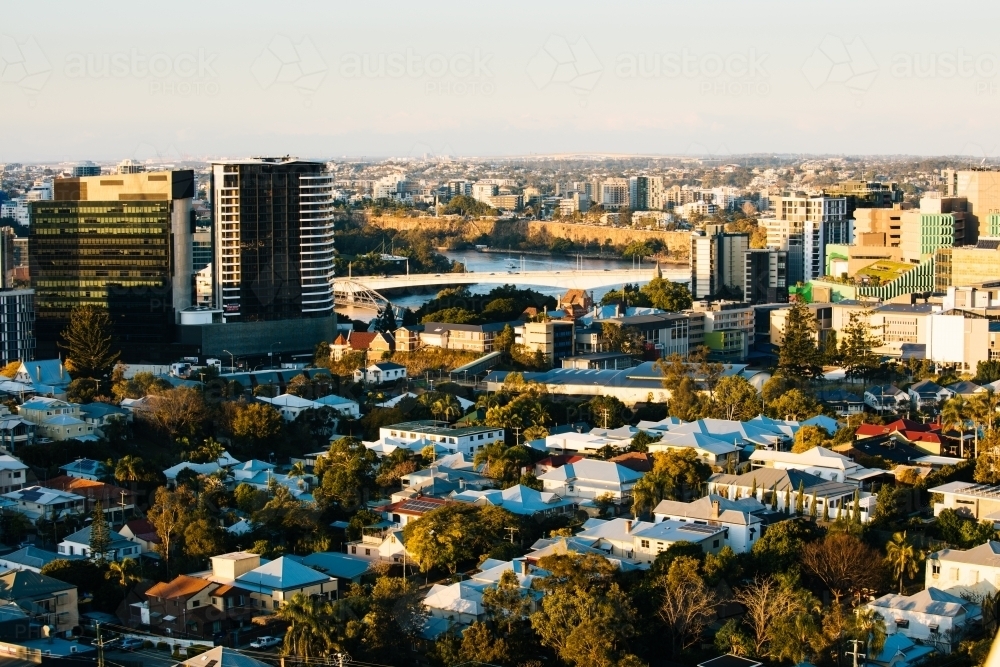 Looking across South Brisbane suburbs towards Kangaroo Point Cliffs - Australian Stock Image