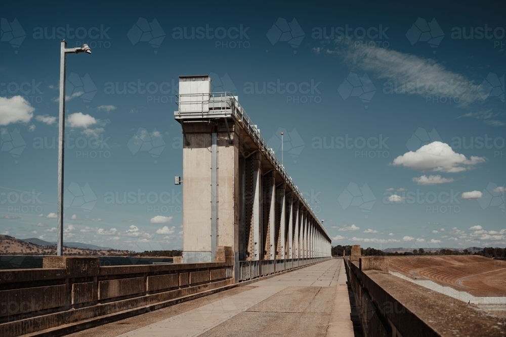 Looking along the Dam Wall at Hume Dam near Albury and Wodonga. - Australian Stock Image