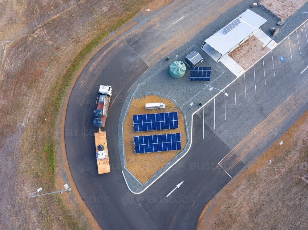 looking down on a small truck stop in the Great Southern with solar panels - Australian Stock Image