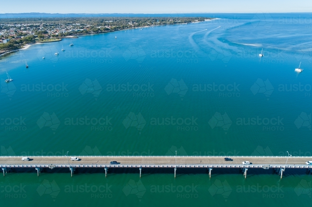 Looking down on Bribie Island Bridge and Pumicestone Passage. - Australian Stock Image
