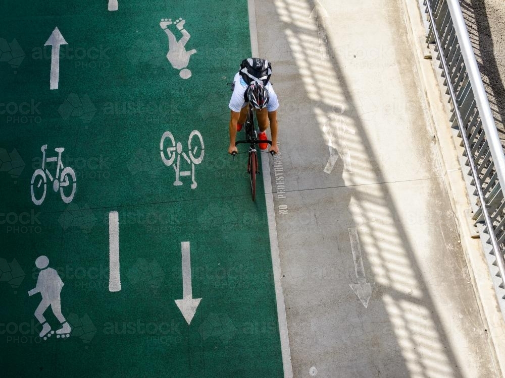 Looking down on cyclist on bikeway - Australian Stock Image