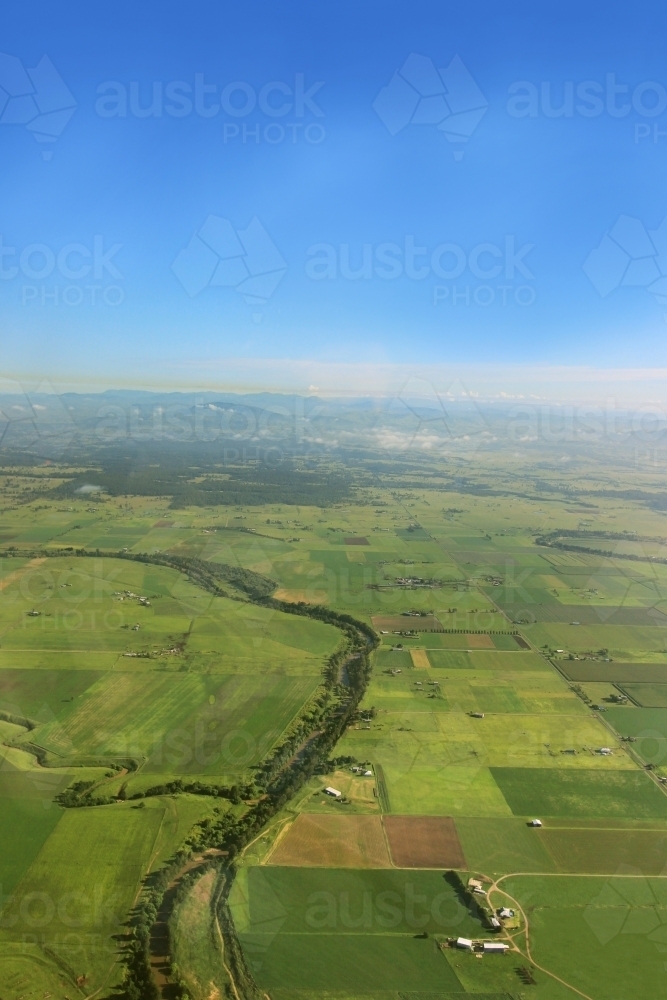 Looking down on hunter river and farmland from the sky - Australian Stock Image
