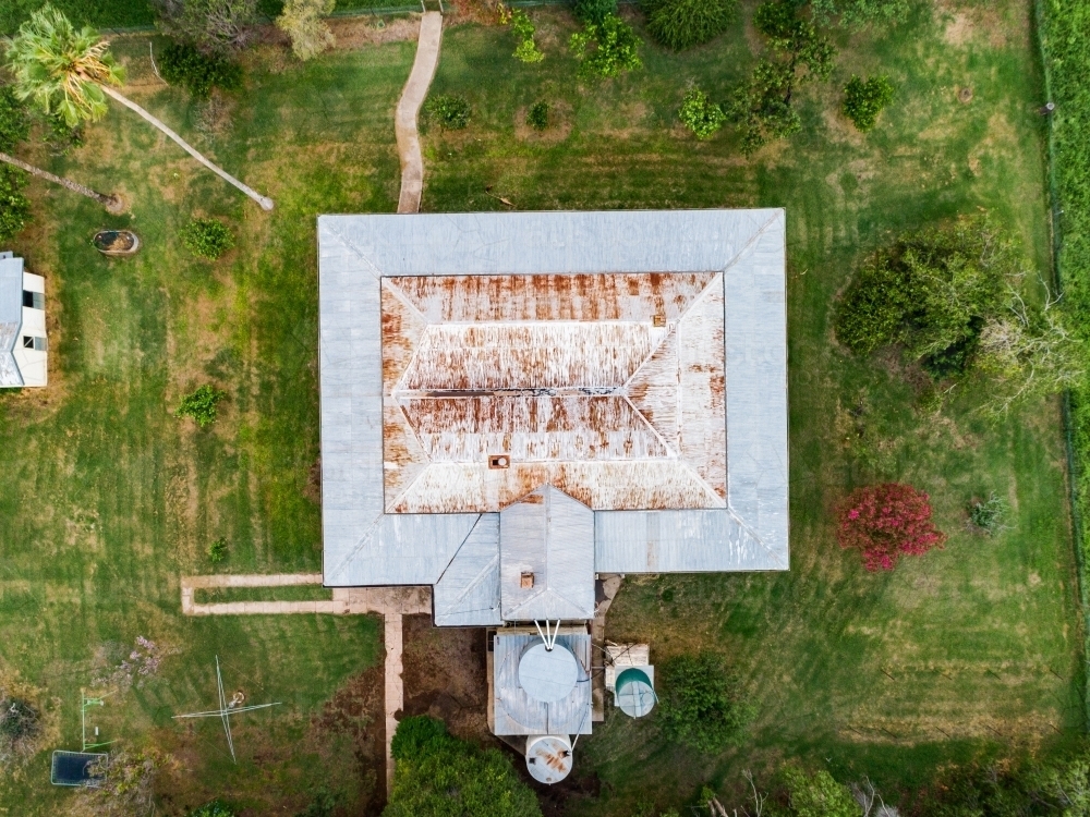 looking down on the roof of a farmhouse homestead building - Australian Stock Image