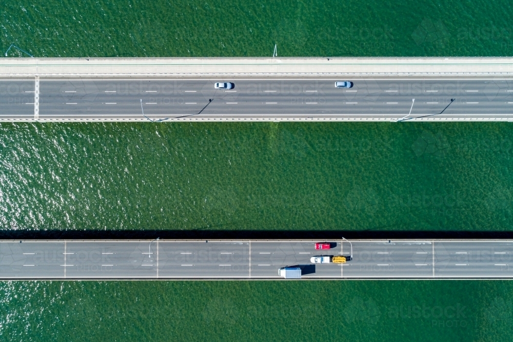 Looking down on traffic on two bridges. - Australian Stock Image