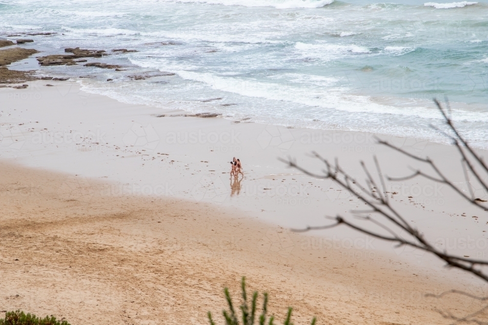 Looking down to group of swimmers walking in from sea - Australian Stock Image