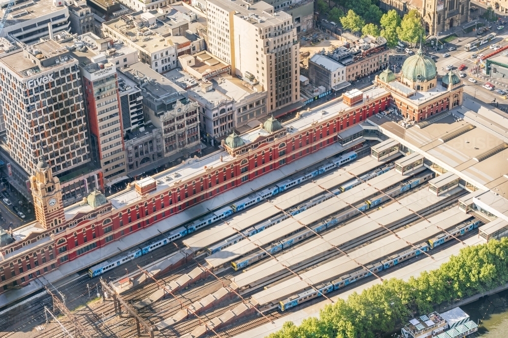 Looking down trains lined up at Flinders Street Station - Australian Stock Image