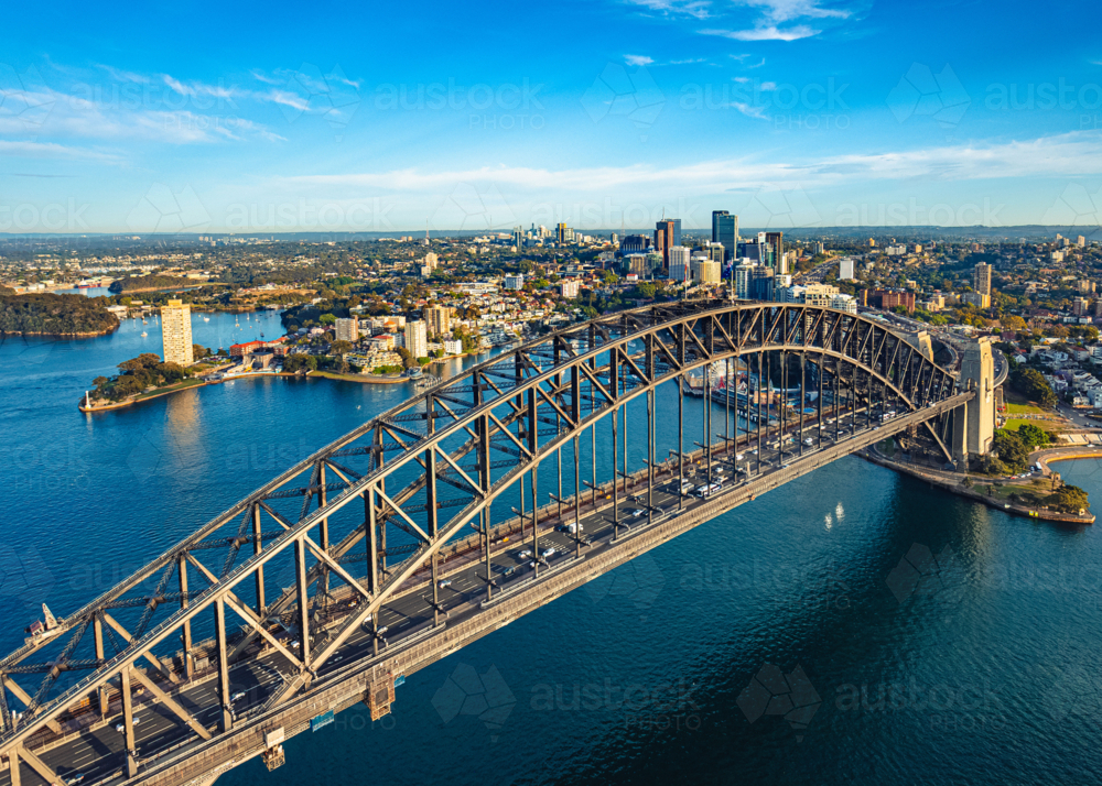 Looking north over the Sydney Harbour Bridge towards North Sydney and St Leonards - Australian Stock Image