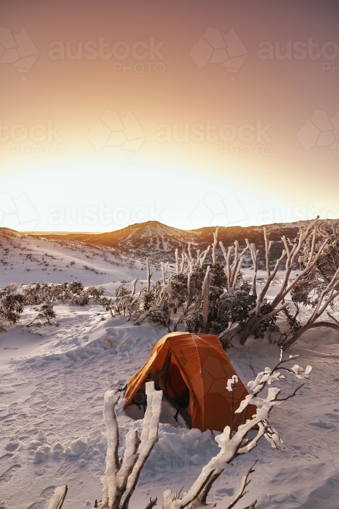 Looking over a mountain vista while snow camping in the Australian Backcountry - Australian Stock Image