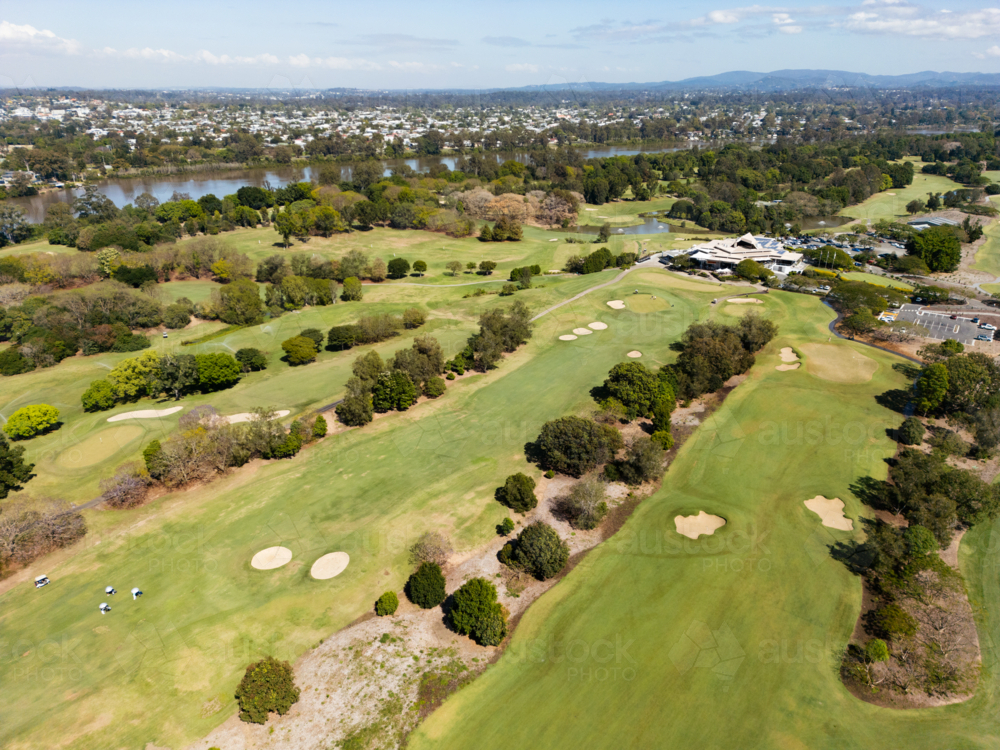 Looking over the Indooroopilly Golf Club grounds with the Brisbane river adjacent - Australian Stock Image