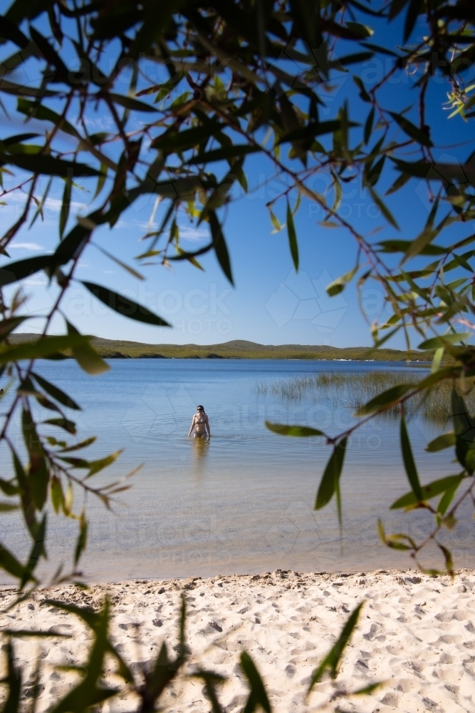 Looking through foliage to a lone female enjoying the solitude of Blue Lagoon - Australian Stock Image