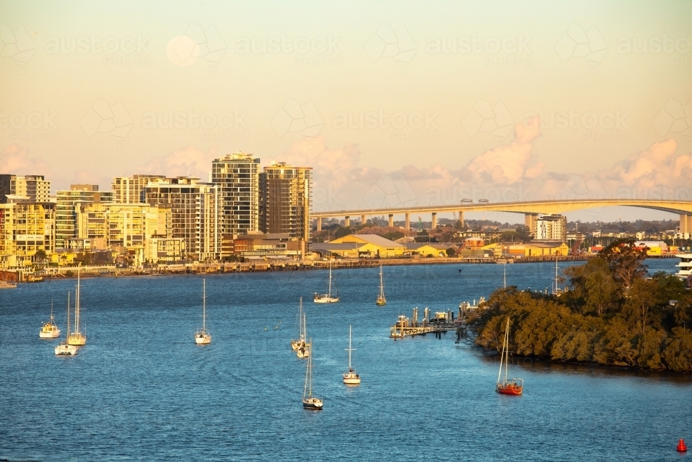 Looking towards Hamilton along the Brisbane River from Newstead. - Australian Stock Image