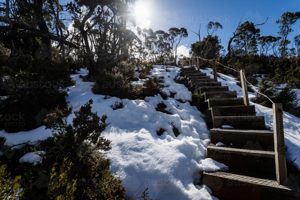 Looking up a flight of steps in the snow - Australian Stock Image