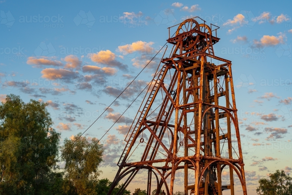 Looking up at a rusty mining poppet head tower - Australian Stock Image