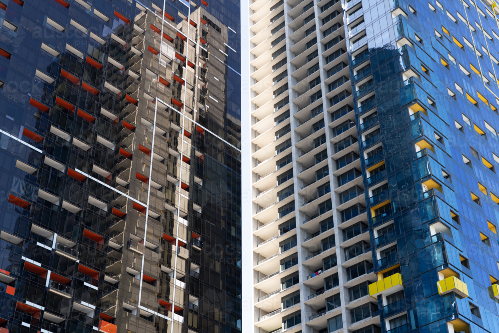 High Rise Buildings Windows Design Image of Looking up at colourful windows and balconies on the facades ...