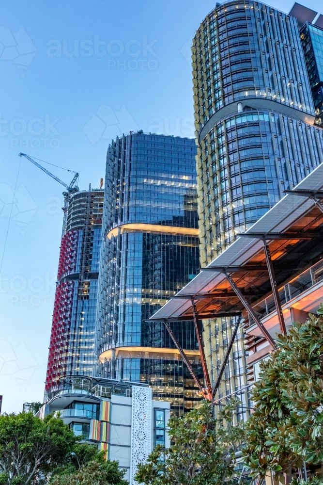 Looking up at International towers skyscrapers - Australian Stock Image