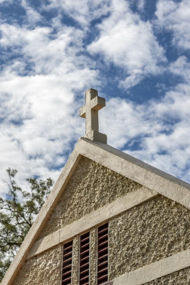 Looking up at the cross on top of Reedy Creek country church - Australian Stock Image