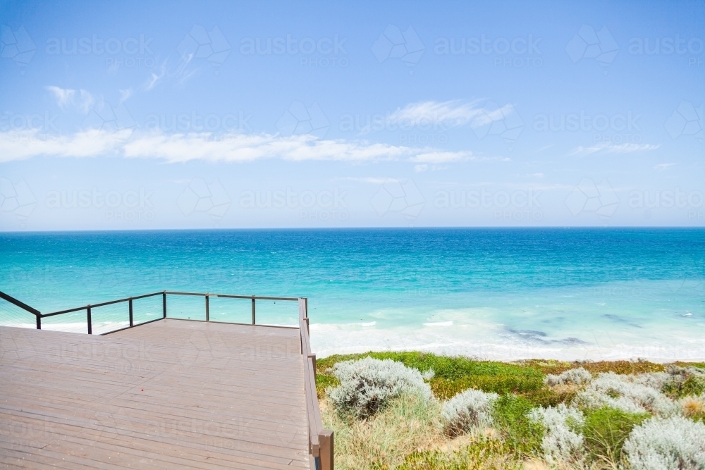 Lookout over beach and clear blue sea and coastal scenery - Australian Stock Image