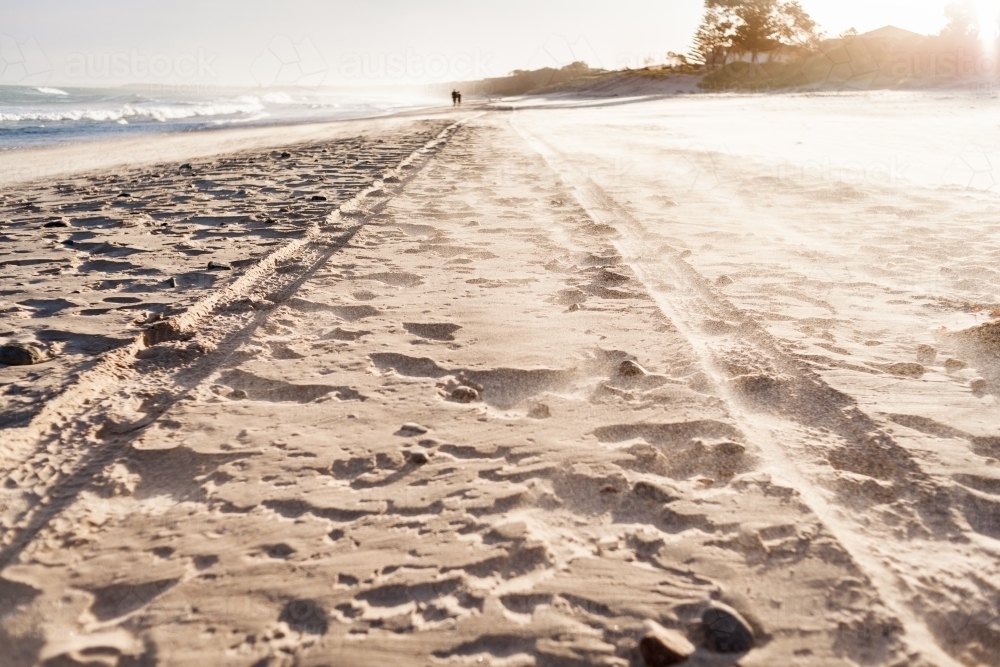 Loose sand blows through the air over detailed tyre tracks of a 4wd on the beach at sunset - Australian Stock Image