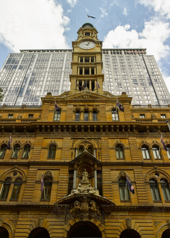 Low angle shot of the Fullerton Hotel in Sydney - Australian Stock Image
