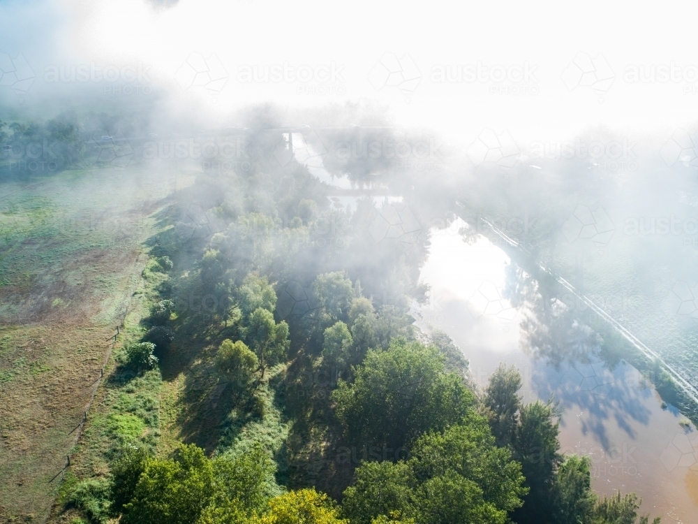 Low cloud and mist covering New England Highway bridge going over the Hunter River in Singleton - Australian Stock Image