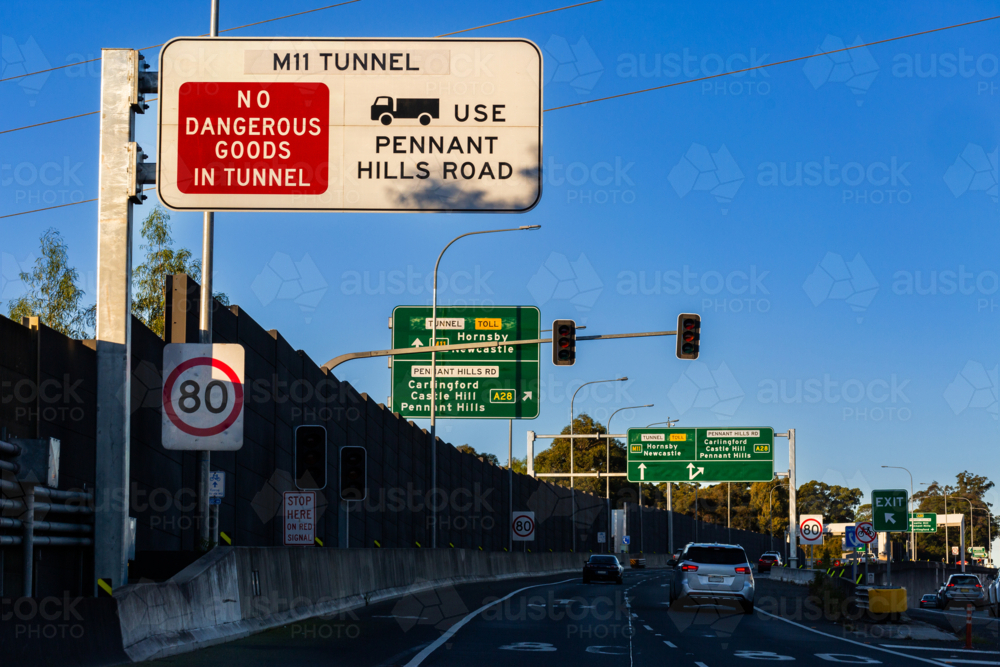 M11 northconnex tunnel sign no dangerous goods in tunnel use Pennant Hills Road - Australian Stock Image