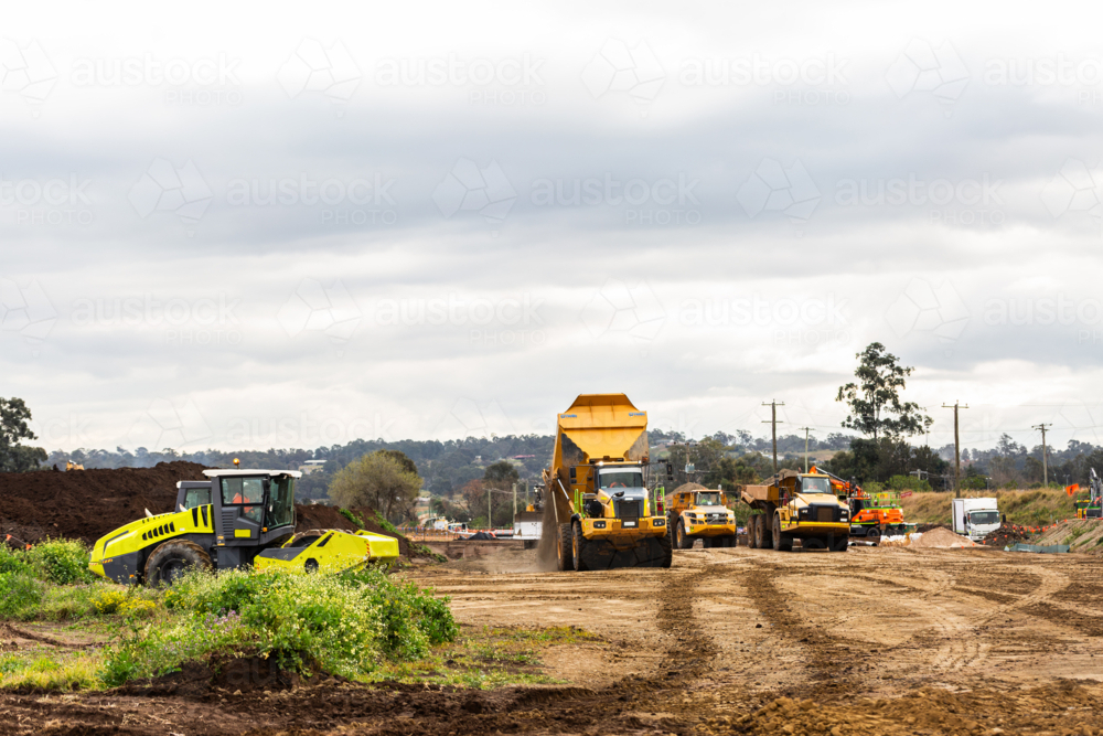Machinery on worksite for construction of Singleton bypass road - Australian Stock Image