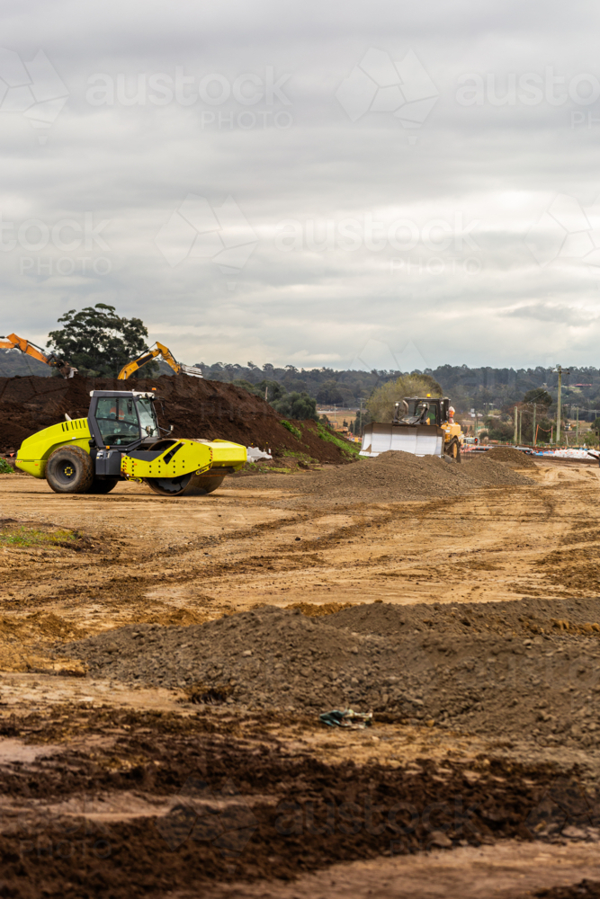 Machinery on worksite for construction of Singleton bypass road - Australian Stock Image